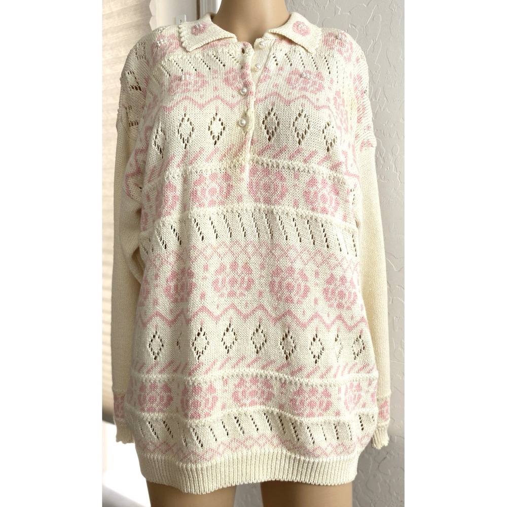 Vtg 90s Women's M Cable Knit Sweater Pullover Pink Handmade Pearl Button Holiday
